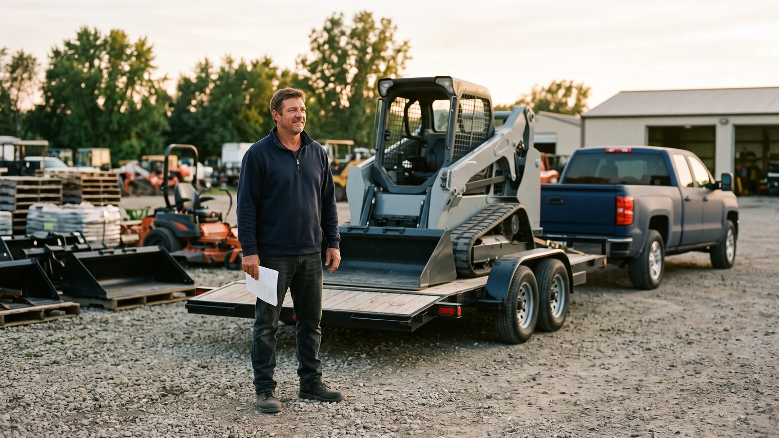 Landscaping business owner standing beside a compact track loader on its delivery trailer