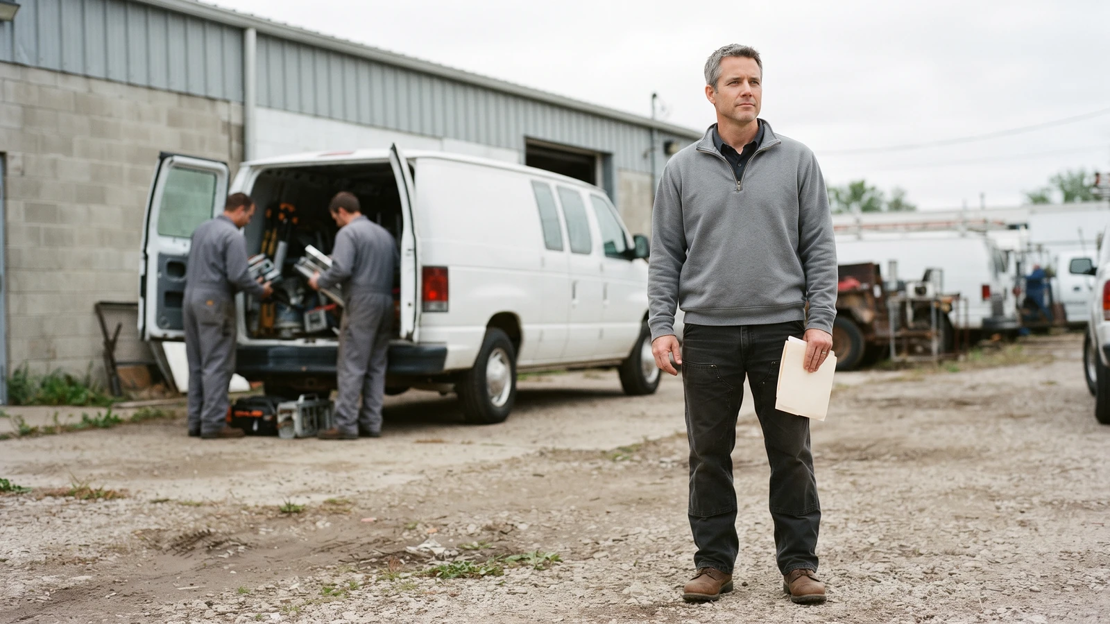 New owner reviewing acquisition documents at a small service business