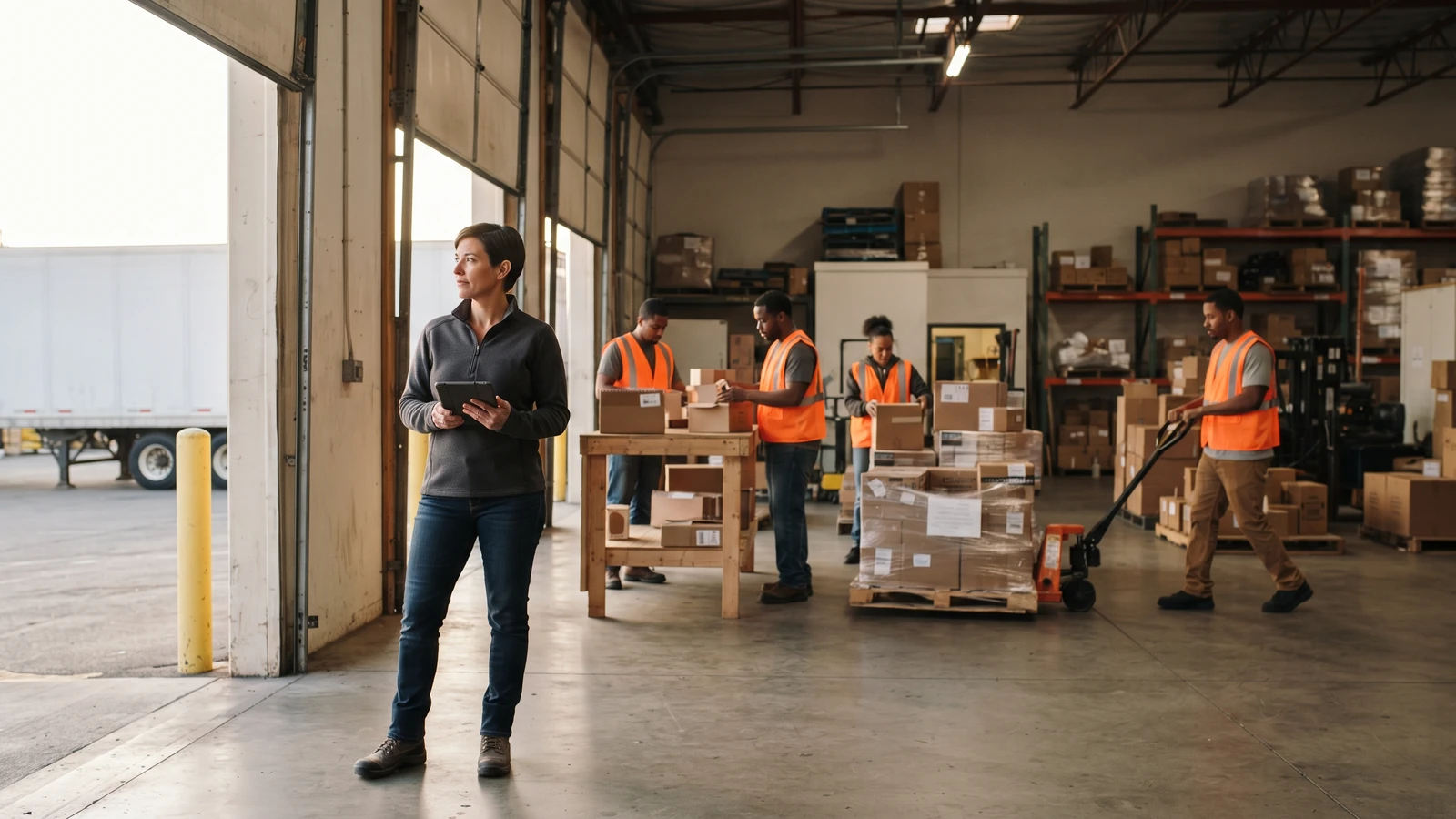 Staffing agency owner supervising a temporary warehouse crew