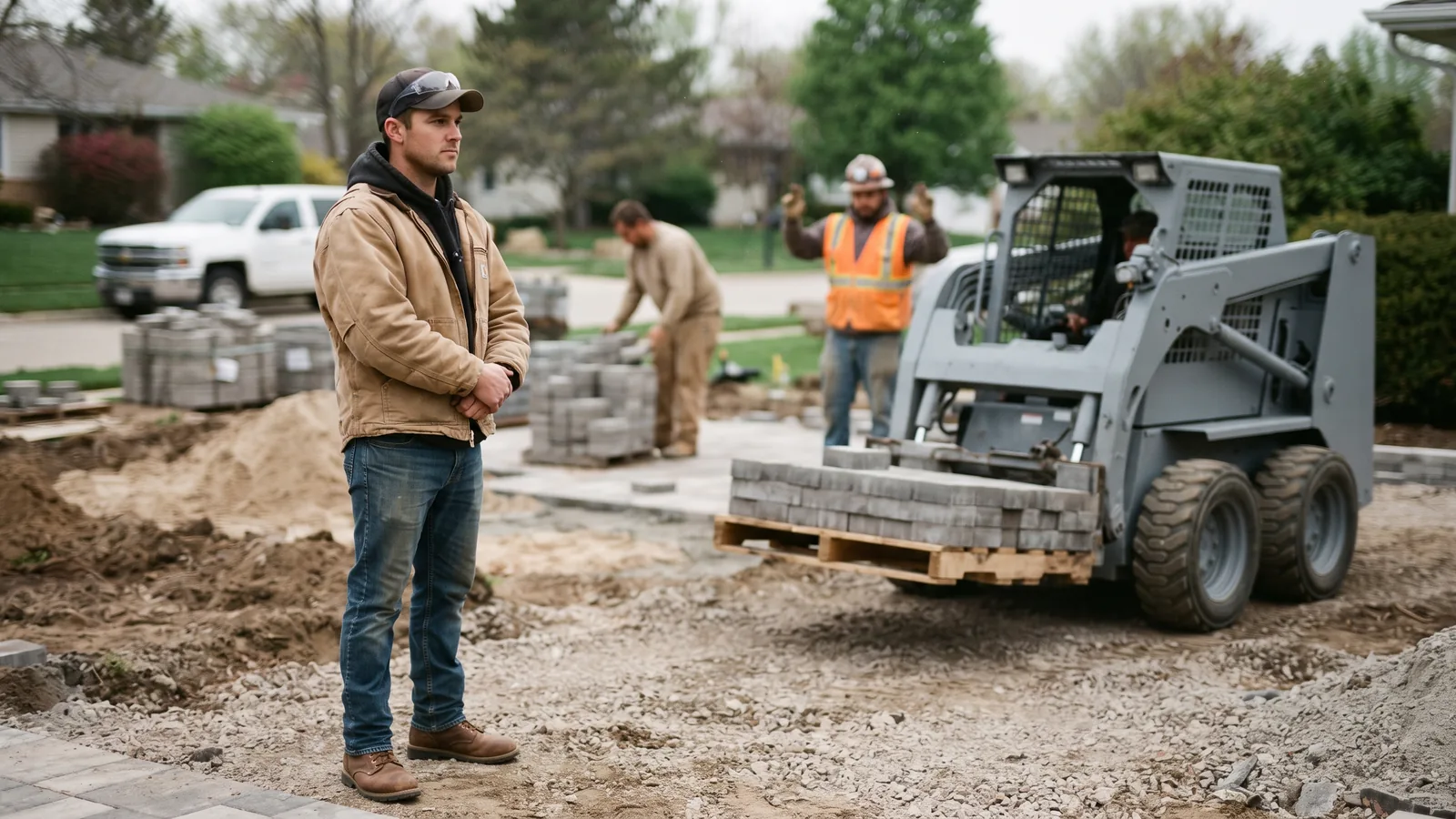 Contractor supervising a skid steer crew at a job site
