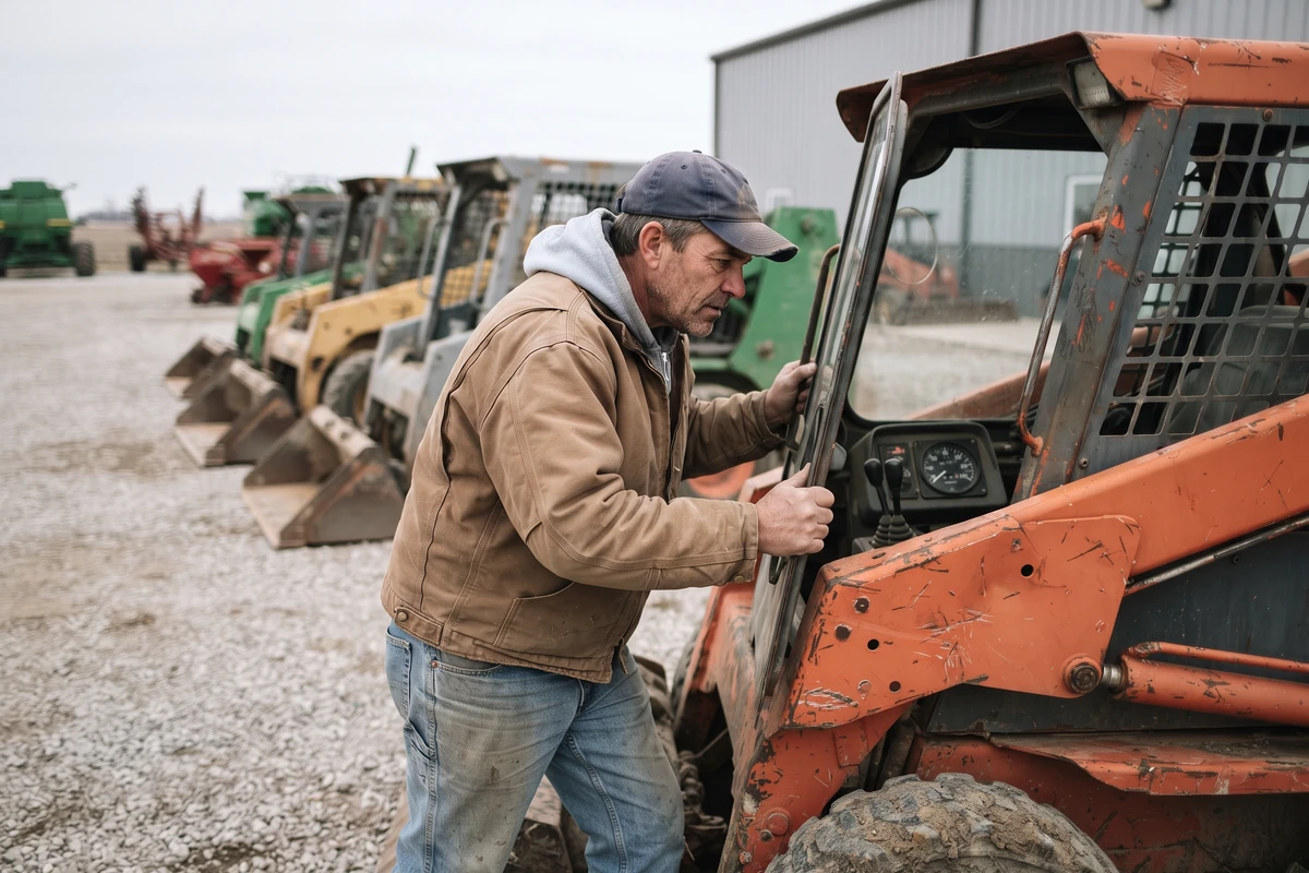 Used skid steer loaders at an equipment dealer lot