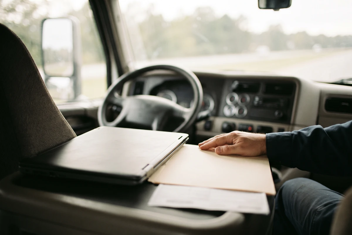 Loan paperwork folder and a laptop resting on a semi-truck dashboard, a driver's hand nearby