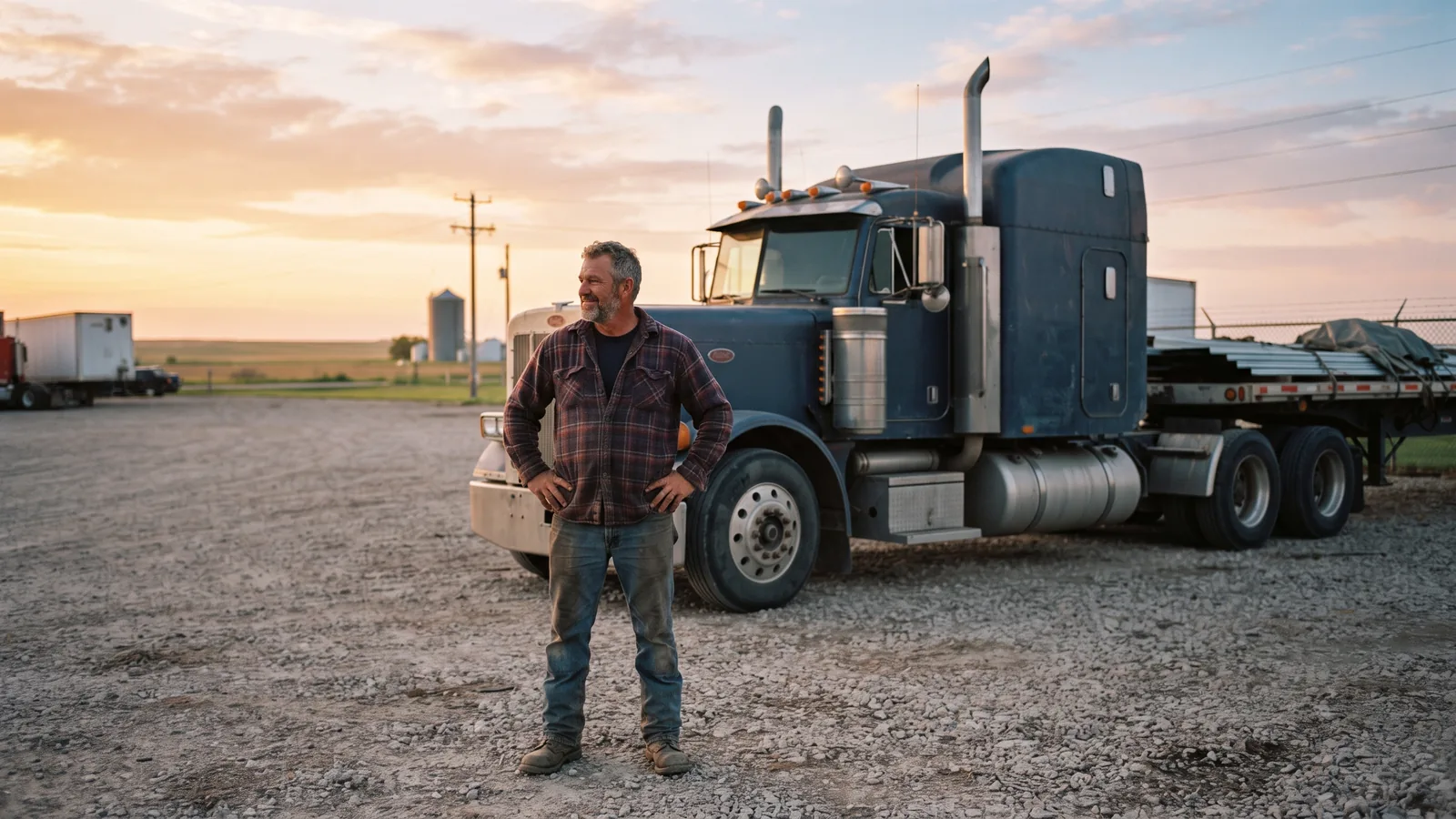 Owner-operator standing beside his own used Class 8 sleeper tractor in a truck yard at sunrise