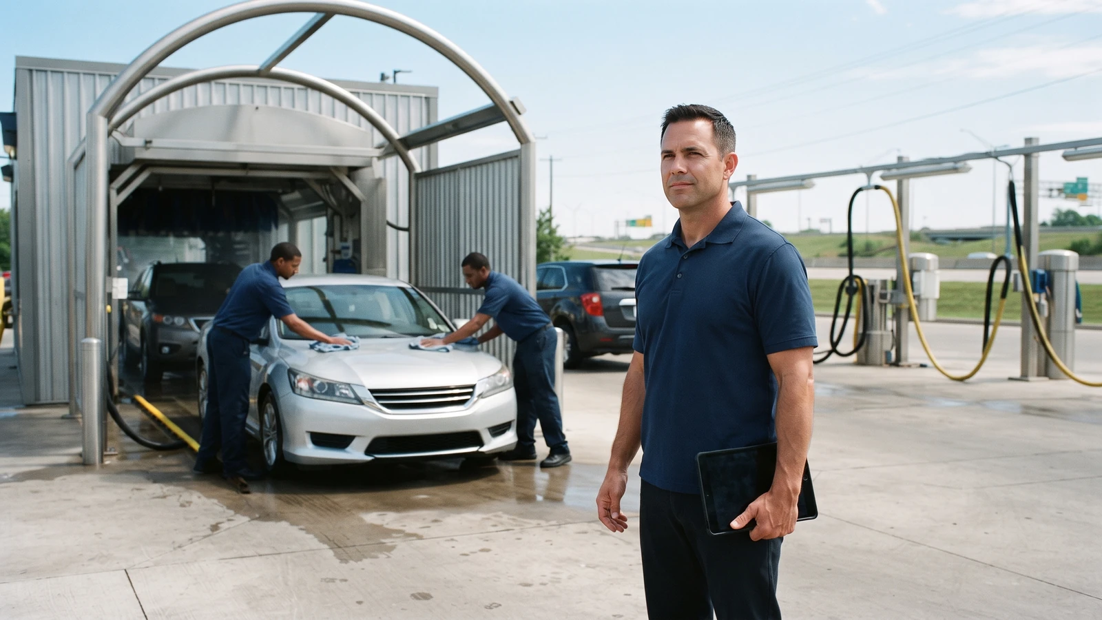 Car wash owner overseeing an express tunnel wash while staff dry a finished car