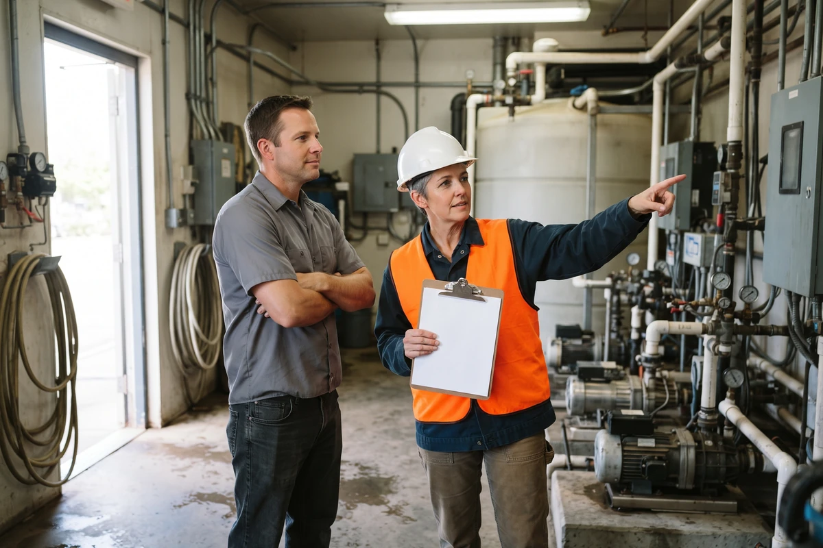 Environmental inspector and car wash owner reviewing the equipment room during a site visit