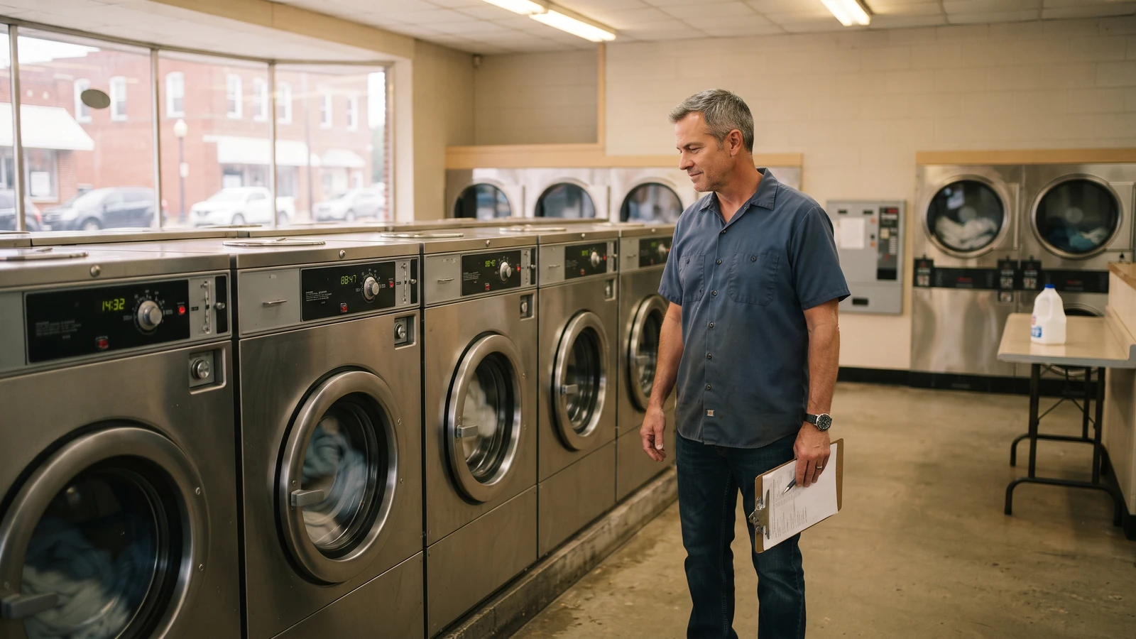Laundromat owner standing calmly among a row of running self-service washers and dryers
