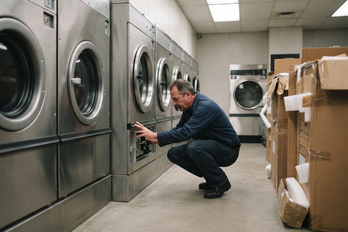 Laundromat owner crouching to inspect a coin-operated washer beside new equipment boxes