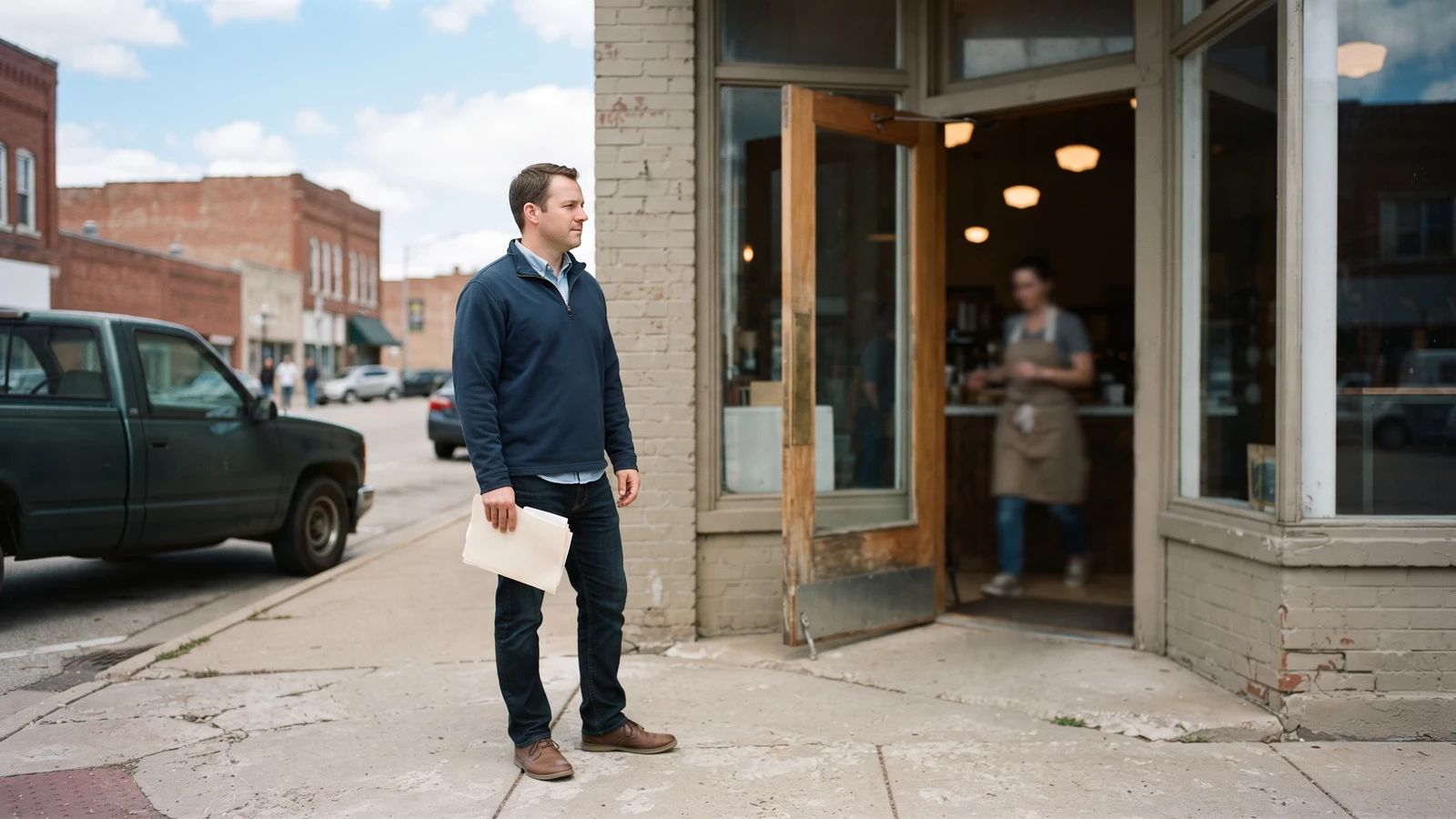 Prospective buyer holding a document folder outside an operating Main Street storefront