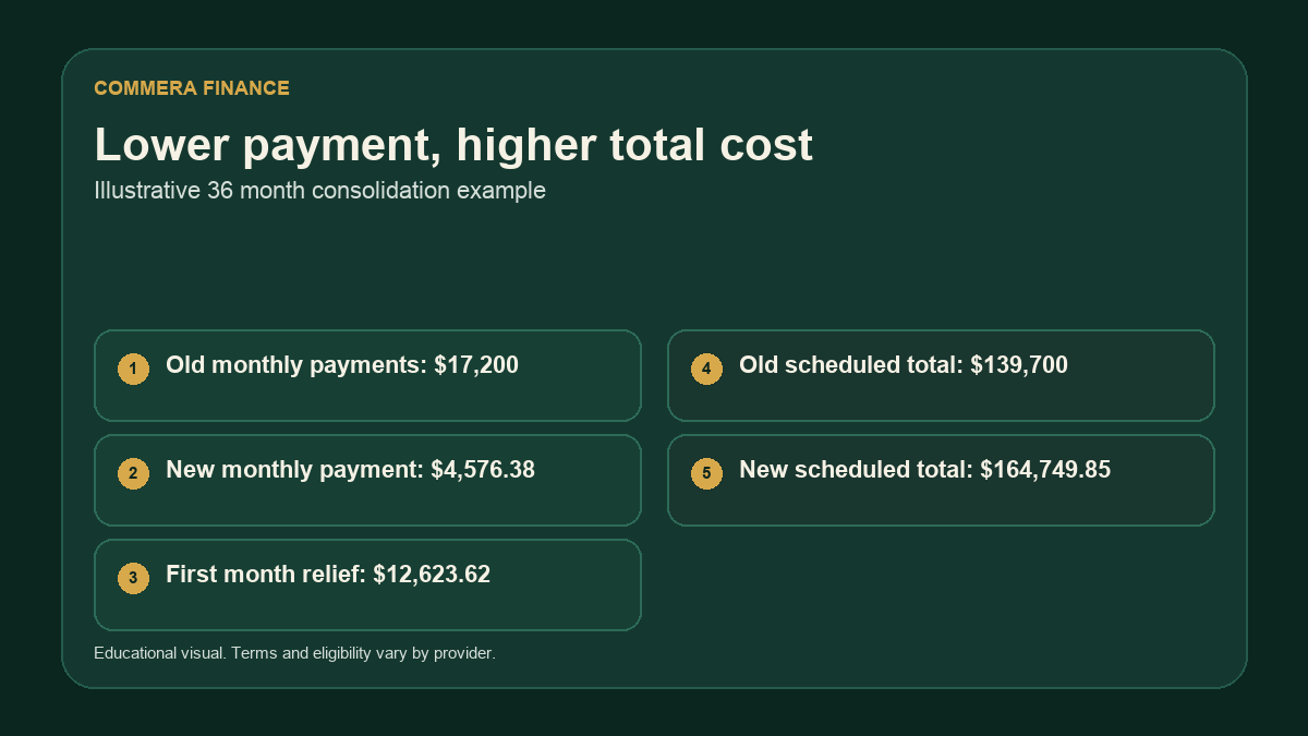 Comparison showing a lower monthly payment but a higher total scheduled cost in an illustrative debt consolidation.