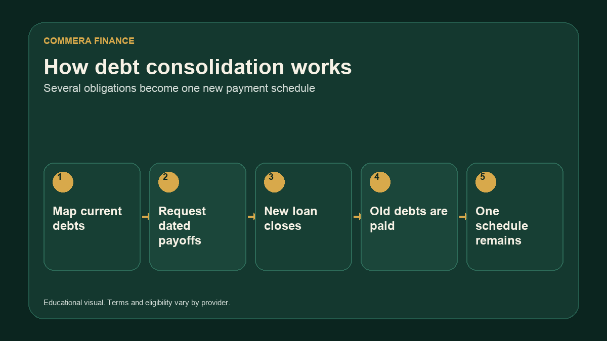 Five step flow showing current debts paid by a new consolidation loan and replaced by one payment schedule.