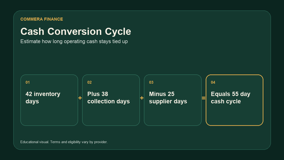 Formula showing inventory days plus collection days minus supplier payment days equals the cash conversion cycle.