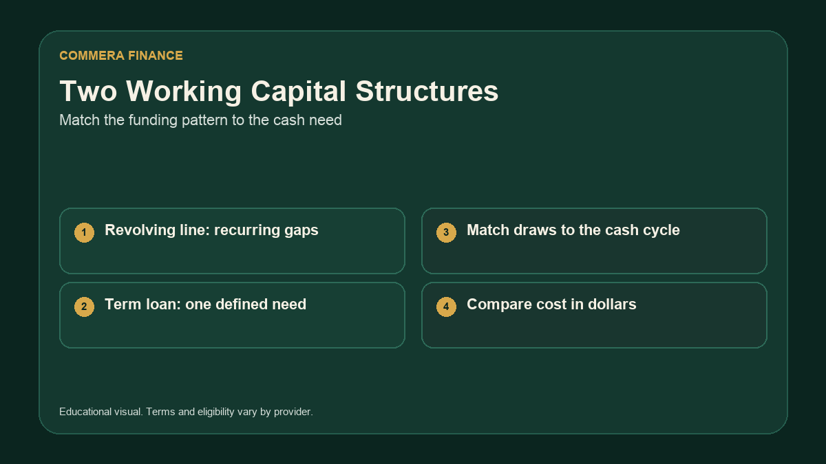 Comparison of a revolving line for recurring cash gaps and a term loan for one defined working capital need.